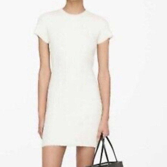 Anine Bing Skylar Ivory Ribbed Knit Mini Dress M Pullover Stretch Short Sleeve - Picture 3 of 7